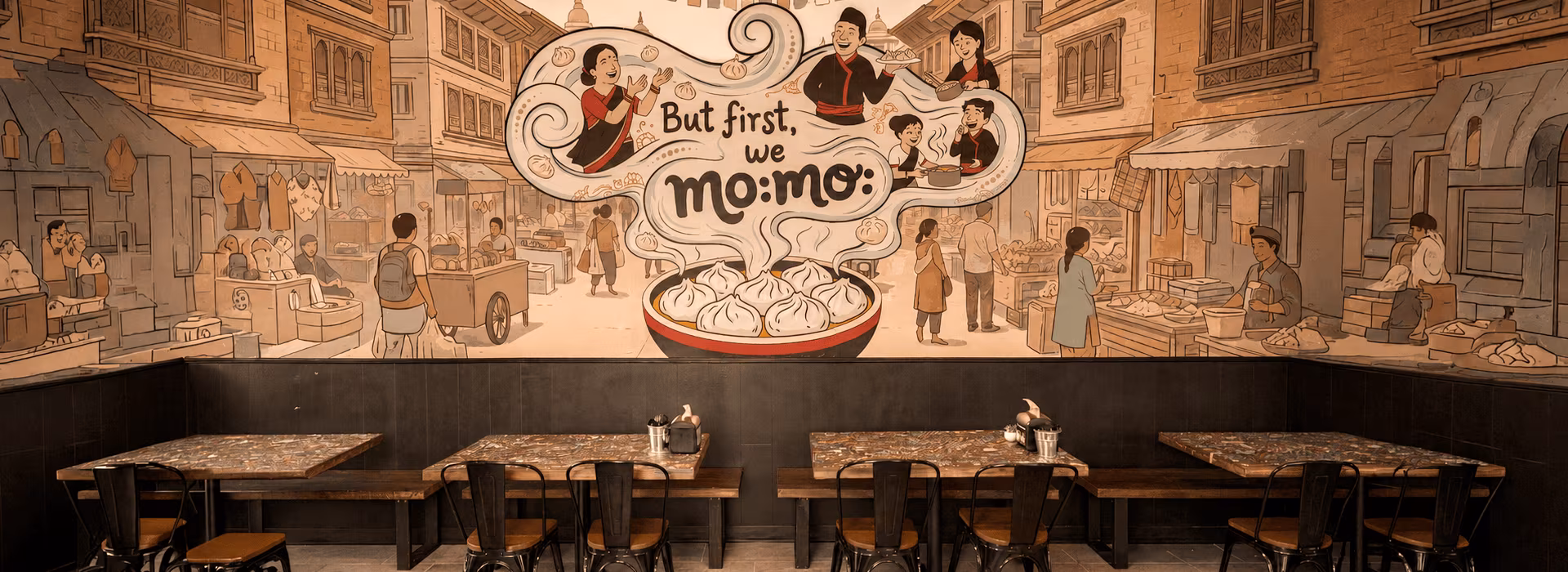 restaurant interior with wall mural